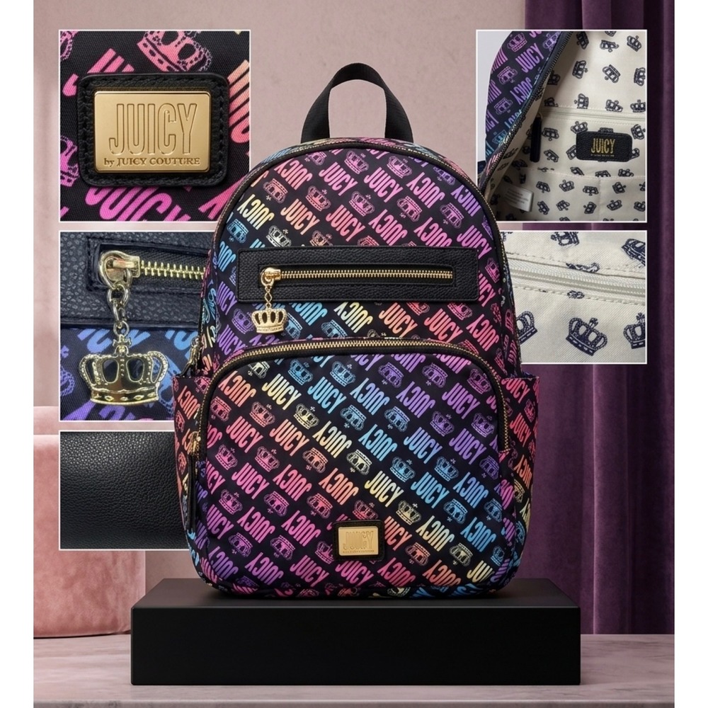 Juicy by Juicy Couture Good Sport Backpack Rainbow Ombre Logo Crown Black Bag
